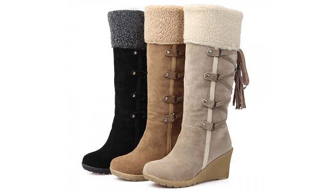 Faux Suede Fleece Lined Lace-Up Wedge Boots - 3 Colours & 5 Sizes
