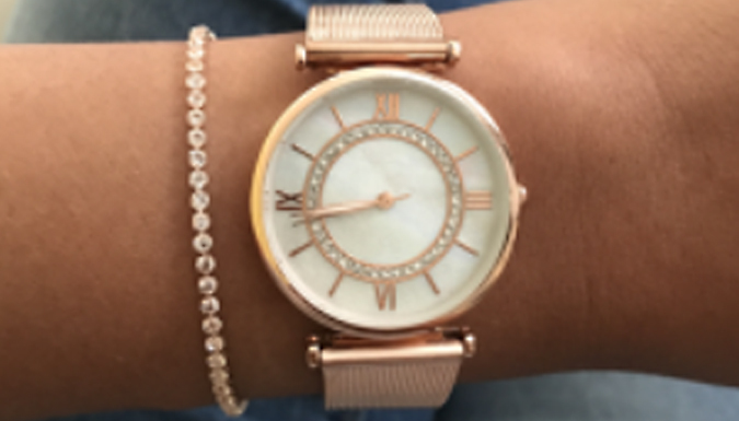 Rose Gold Crystal Bracelet & Mesh Watch Set