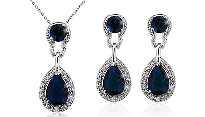 White Gold Finish Pear Cut Created Diamond Necklace & Earrings - 2 Colours