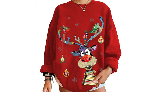 Women's Christmas Deer Print Sweatshirt - 5 Colours & 5 Sizes from Go Groopie IE
