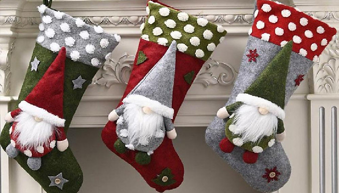 1 or 3 3D Gnomes Santa Christmas Stockings - 3 Colours