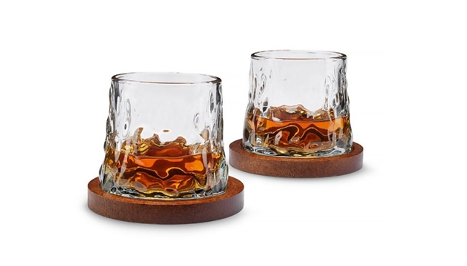 Set of 2 Rotating Whisky Glasses with Wooden Coasters!