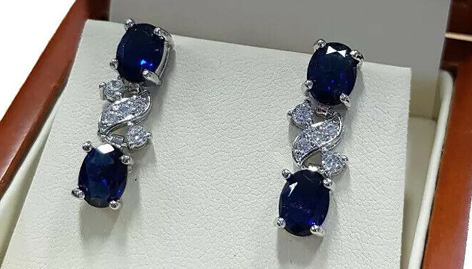 Oval Blue Gemstone & Created Diamond Droplet Earrings