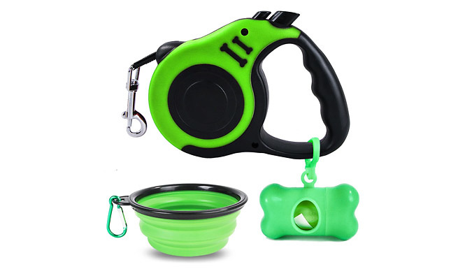 Retractable Dog Lead, Water Bowl & Bag Dispenser Set - 2 Colours
