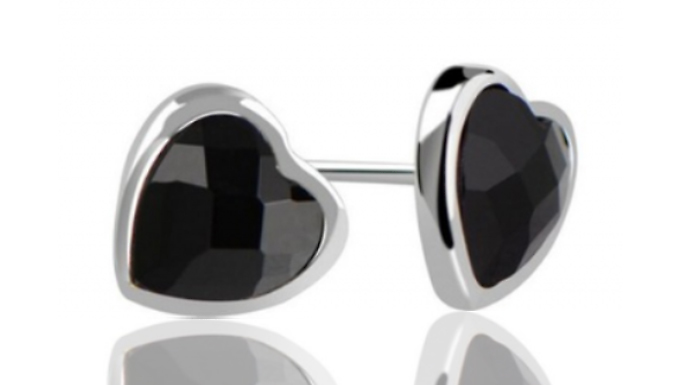 Black Agate Silver Heart Stud Earrings