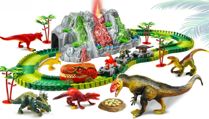 136-Piece Dinosaur Adventure Electric Track Set - with Misting Volcano & LED Lights!