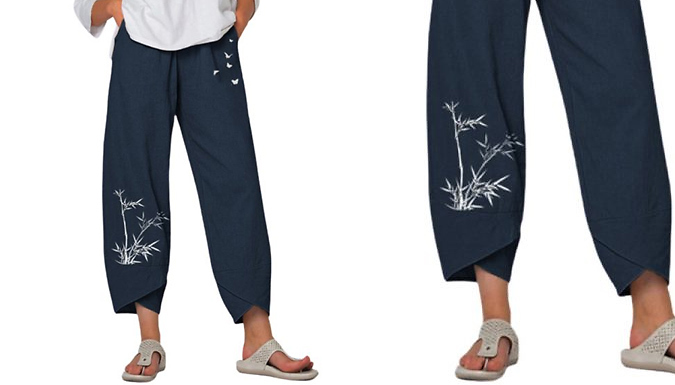 Women's Casual Cross-Hem Bamboo Print Trousers - 3 Colours & 4 Sizes