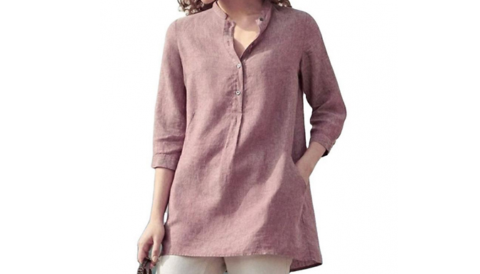 Grandfather Collar Casual Shirt Blouse - 3 Colours & 5 Sizes