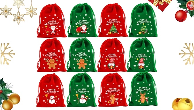 12-Pack of Drawstring Velvet Christmas Gift Bags - 2 Colours