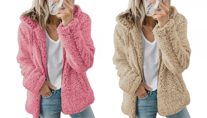 Women’s Casual Fluffy Fleece Hooded Jacket – 8 Colours & 4 Sizes