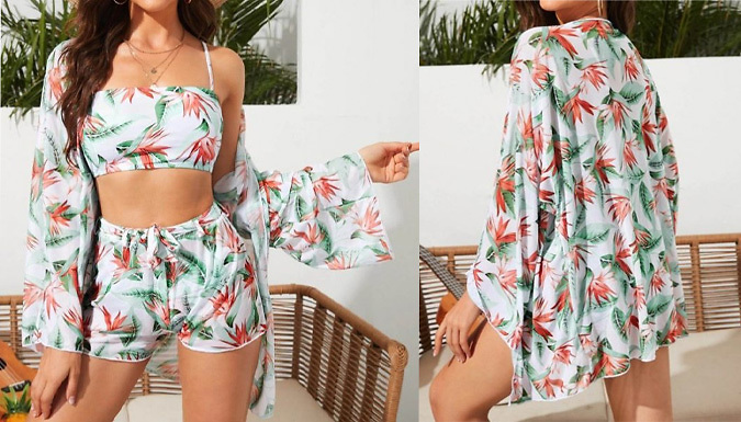 3-Piece Jungle Printed Swimsuit & Cover-Up Set- 3 Colours & 4 Sizes