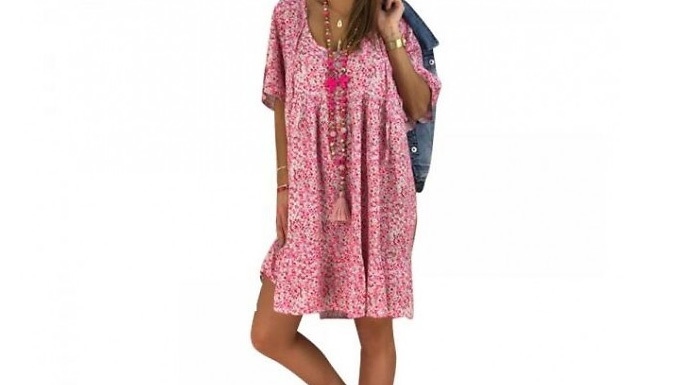 Floral Scoop Neck Smock Summer Dress - 3 Colours & 3 Sizes at Go Groopie