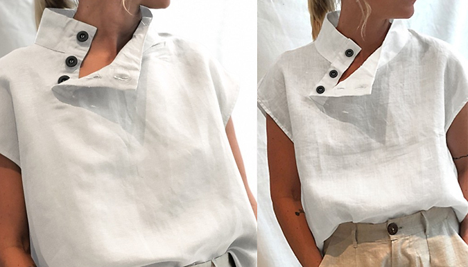 Linen Cotton Summer Blouse With Button Neck - 5 Colours & 6 Sizes