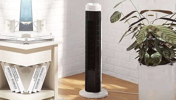 Amazon Basics Oscillating 3-Speed Tower Fan with Timer from Go Groopie