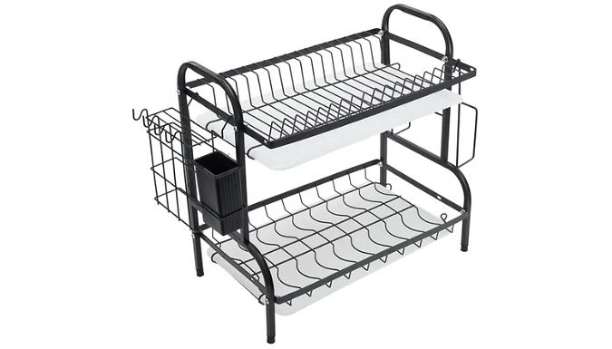 2-Tier Steel Dish Drying Rack - With Utensil Holder!
