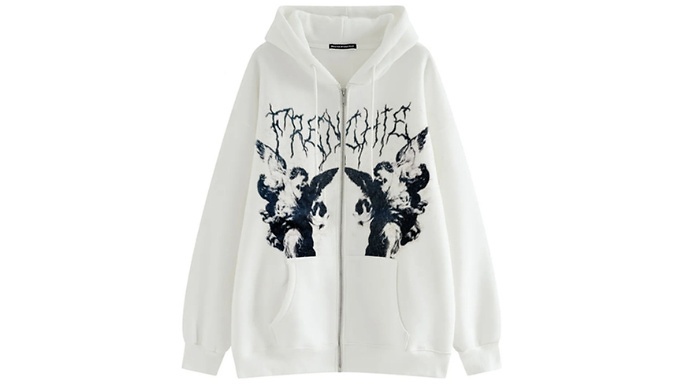 Angel-Print Zip-Up Fleece Hooded Jumper - 3 Colours, 5 Sizes