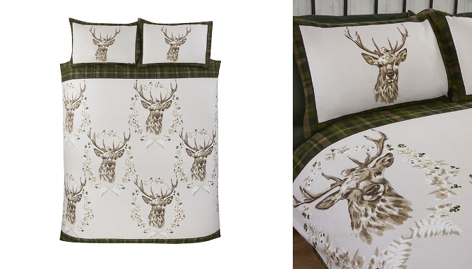 Angus Stag with Reverse Tartan Flannelette Brushed Cotton Bedding Duvet Cover Set - 3 Colours & 3 Sizes