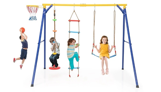 4-in-1 Swing Set with Basketball Hoop, Climbing Ladder & Swings