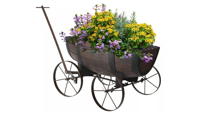 Antique Style Half Barrel Flower Planter Pot on Wheels