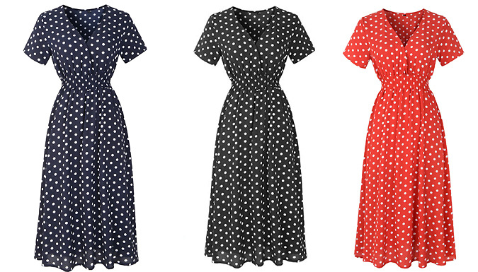 Polka Dots V Neck Dress - 5 Sizes & 3 Colours