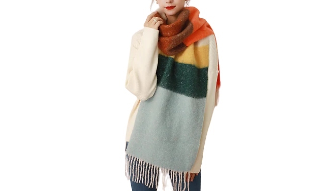 Striped Colour-Blocked Tassel Scarf