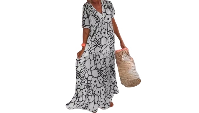 Printed Short Sleeve V Neck Long Dress - 4 Colours & 6 Sizes