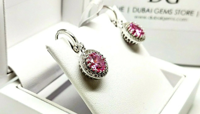 Pink Gemstone Round Cut Created Diamond Dangle Earrings