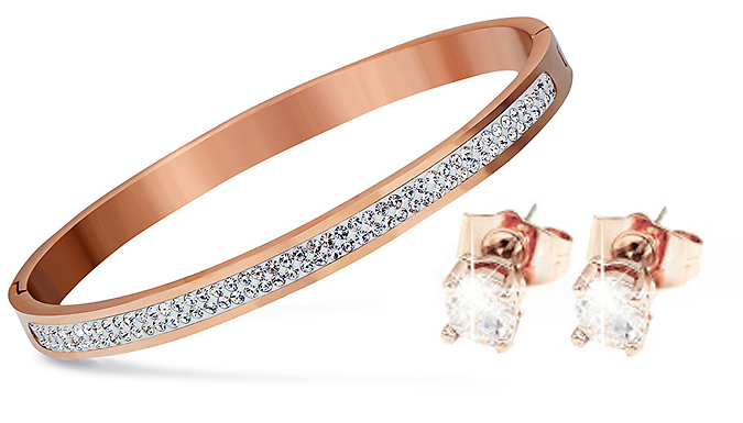 Rose Tone Bangle & Earring Set Encrusted With Crystals From Swarovski