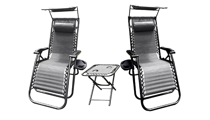 Pair of Zero Gravity Sun Lounger Chairs with Sun Shade & Table - Black or Grey