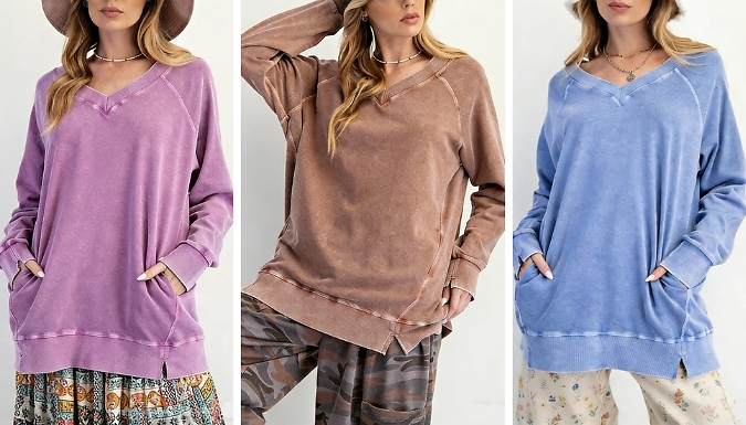 Women's V-Neck Pullover Oversized Sweatshirt - 3 Colours, 5 Sizes!