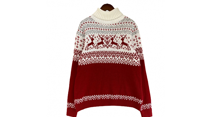Men's and Women's Christmas Fair Isle Roll Neck Jumper - 2 Colours and 6 Sizes from Go Groopie