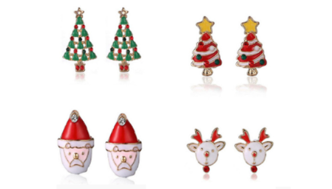 4-Pairs of Silver-Plated Christmas Stud Earrings - 1 or 2 Sets