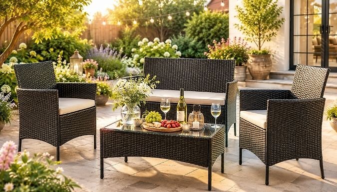 4-Seater Rattan Furniture Set with Cushions & Glass Coffee Table