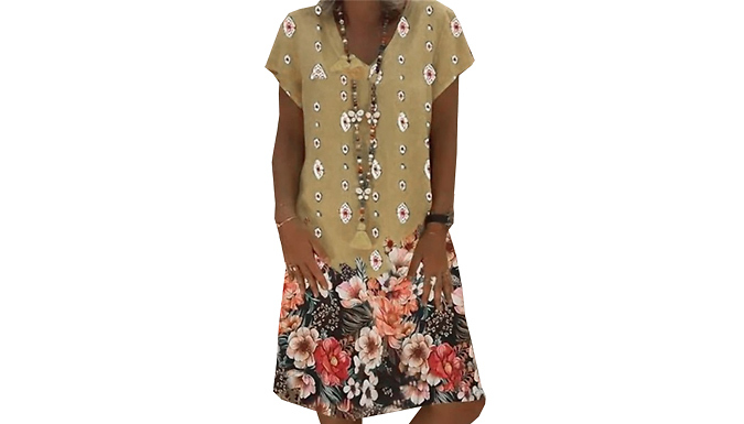 Floral Print Casual Summer V-Neck Dress - 3 Colours & 6 Sizes