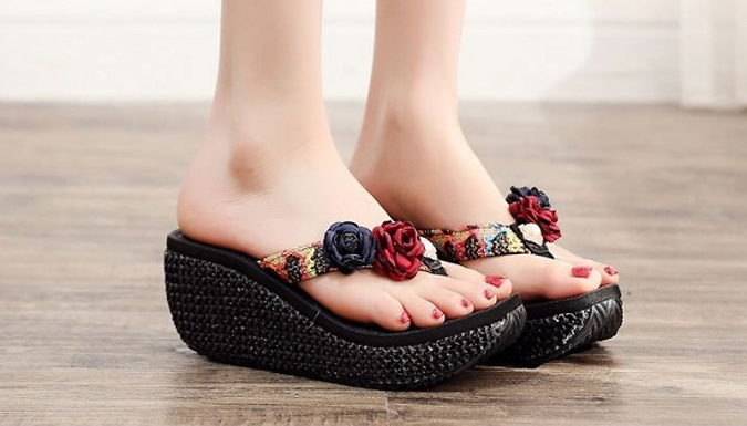 Flower Detail High-Heel Woven Flip Flops - 3 Colours & 3 Sizes Flower Detail High-Heel Woven Flip Flops - 3 Colours & 3 Sizes