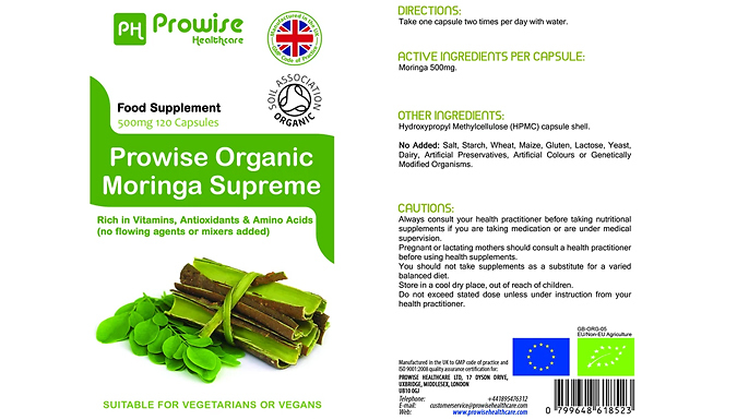 2 Month Supply of Prowise Moringa Oleifera Tablets - 120 Capsules