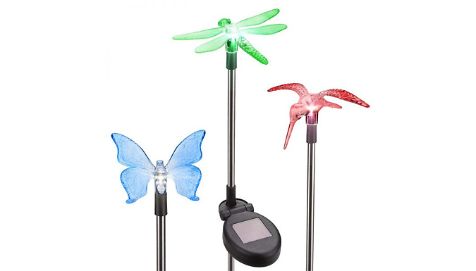 2 x Colour-Changing Solar Garden Stakes - Bird, Butterfly or Dragonfly