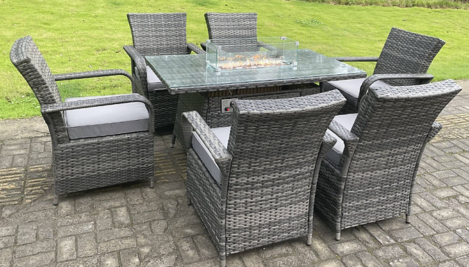 4 or 6 Seater Rattan Dining Set with Gas Fire Pit - 2 Options