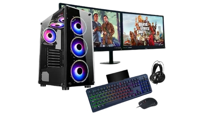 Gaming PC Bundle - Core i7 PC, Dual Monitors, RGB Keyboard, Gaming Mouse, Headset & Mousemat!