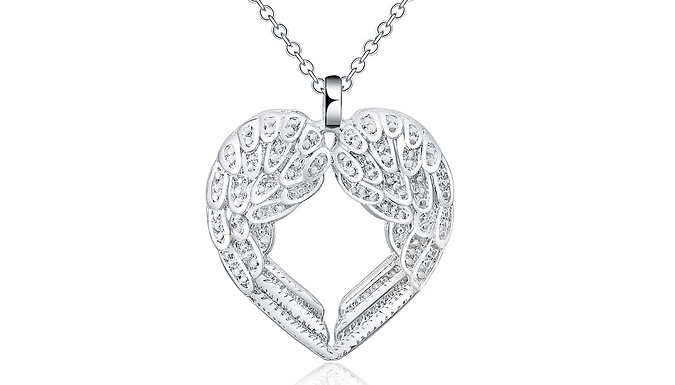 Silver Plated Angel Wings Heart Pendant Necklace