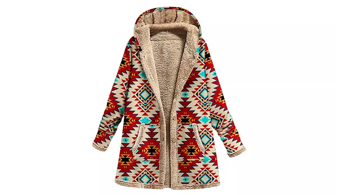 Aztec Print Fur Lined Coat - 4 Colours & 6 Sizes