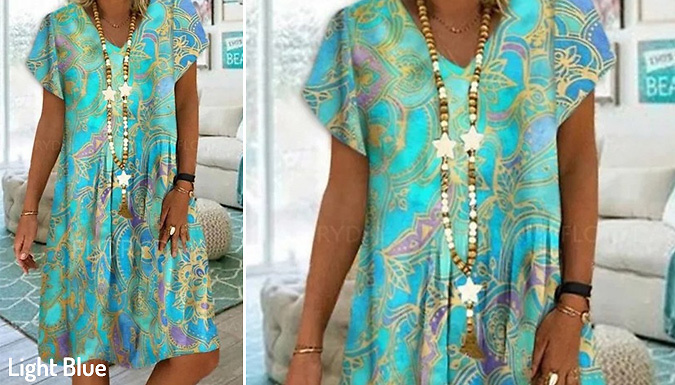 Printed V-Neck Boho Dress - 3 Colours & 5 Sizes