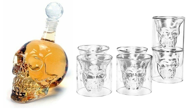 Glass Skull Decanter with 6 Skull Shot Glasses