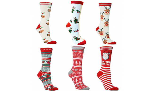 1, 3 or 6 Unisex Cotton Christmas Socks - 6 Designs