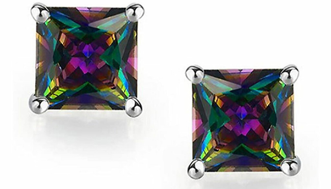 Black Iridescent Stone Stud Earrings - Round or Square