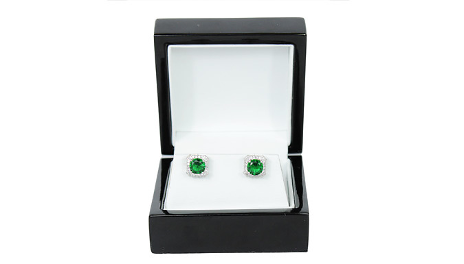 White Gold Created Green Emerald & Diamond Stud Earrings