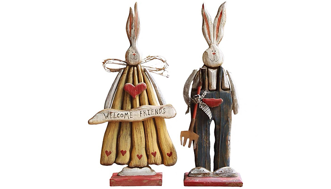 Mr or Mrs Rabbit Wood Look Garden Ornaments - 3 Options