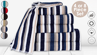 4 or 8-Piece 100% Cotton Victoria Stripe Towel Set - 6 Colours