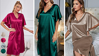 Short Sleeve V-Neck Satin Sleeping Gown - 4 Colours & 4 Sizes