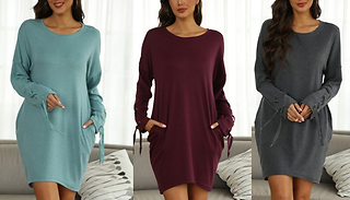 Round Neck Long Sleeve Tie Detail Dress - 3 Colours & 4 Sizes
